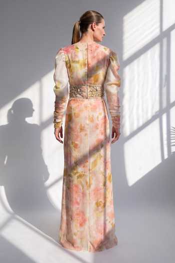 Shop_Nikita Mhaisalkar_Multi Color Lurex Beads, Pearls Plunge Blush Bloom Dress And Beaded Corset Set _at_Aza_Fashions