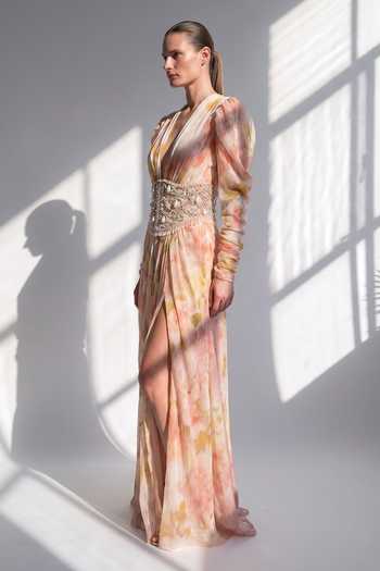 Nikita Mhaisalkar_Multi Color Lurex Beads, Pearls Plunge Blush Bloom Dress And Beaded Corset Set _Online_at_Aza_Fashions