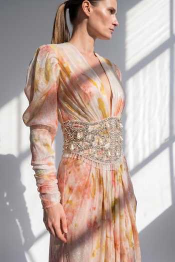 Buy_Nikita Mhaisalkar_Multi Color Lurex Beads, Pearls Plunge Blush Bloom Dress And Beaded Corset Set _Online_at_Aza_Fashions