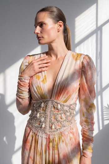 Shop_Nikita Mhaisalkar_Multi Color Lurex Beads, Pearls Plunge Blush Bloom Dress And Beaded Corset Set _Online_at_Aza_Fashions