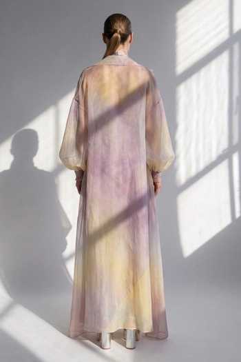 Shop_Nikita Mhaisalkar_Purple Silk Satin, Organza V-neck Feather Trimmed Trench Jacket And Dress Set _at_Aza_Fashions
