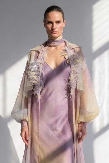Nikita Mhaisalkar_Purple Silk Satin, Organza V-neck Feather Trimmed Trench Jacket And Dress Set _Online_at_Aza_Fashions
