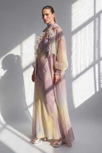 Buy_Nikita Mhaisalkar_Purple Silk Satin, Organza V-neck Feather Trimmed Trench Jacket And Dress Set _Online_at_Aza_Fashions
