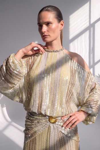 Nikita Mhaisalkar_Yellow Georgette High Neck Shoulder Cut Out Maxi Dress _Online_at_Aza_Fashions