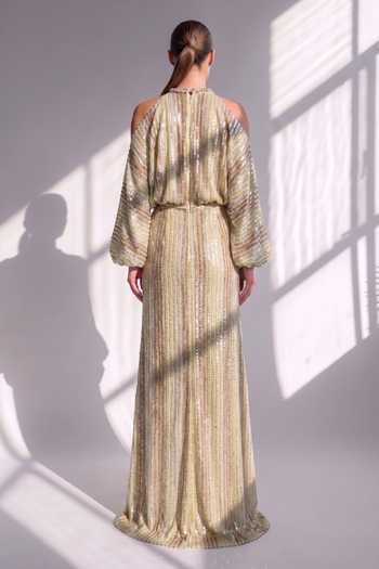 Shop_Nikita Mhaisalkar_Yellow Georgette High Neck Shoulder Cut Out Maxi Dress _at_Aza_Fashions