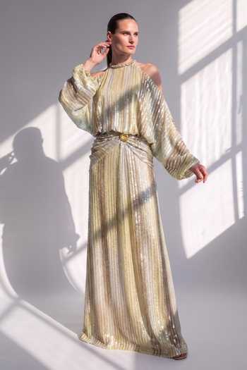 Buy_Nikita Mhaisalkar_Yellow Georgette High Neck Shoulder Cut Out Maxi Dress _Online_at_Aza_Fashions