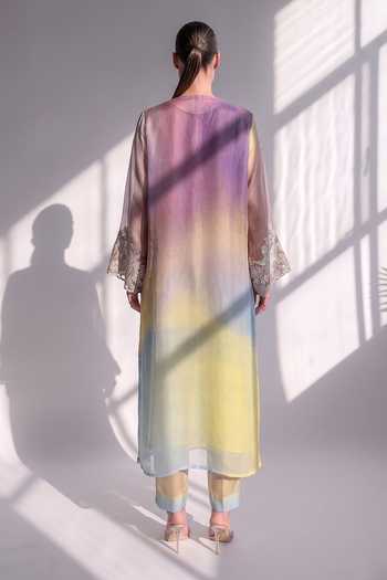 Shop_Nikita Mhaisalkar_Purple Silk Organza V-neck, Yes Hand Thread Embroidered Ombre Kurta Set _at_Aza_Fashions