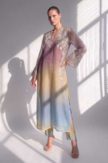 Buy_Nikita Mhaisalkar_Purple Silk Organza V-neck, Yes Hand Thread Embroidered Ombre Kurta Set _at_Aza_Fashions