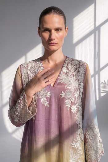 Buy_Nikita Mhaisalkar_Purple Silk Organza V-neck, Yes Hand Thread Embroidered Ombre Kurta Set _Online_at_Aza_Fashions
