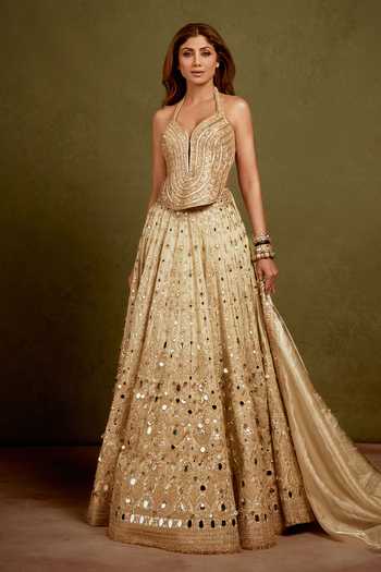 Buy_Gopi Vaid_Beige Net, Tissue Halter Neck Saanjh Mirror Embroidered Lehenga Set _at_Aza_Fashions