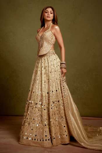 Shop_Gopi Vaid_Beige Net, Tissue Halter Neck Saanjh Mirror Embroidered Lehenga Set _Online_at_Aza_Fashions