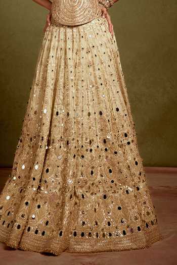 Shop_Gopi Vaid_Beige Net, Tissue Halter Neck Saanjh Mirror Embroidered Lehenga Set 