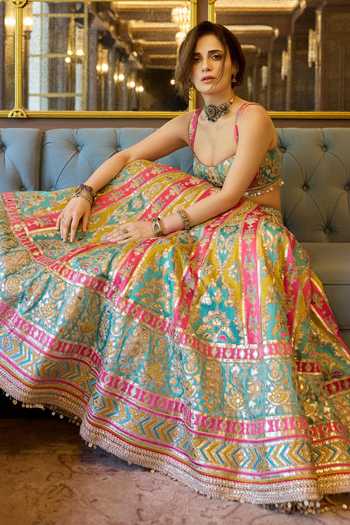 Buy_Gopi Vaid_Multi Color Net, Tussar Sweetheart Neck Zamaana Kali Lehenga With Blouse _at_Aza_Fashions