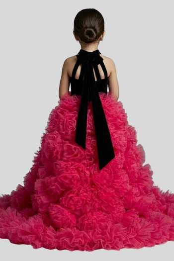 Shop_Pinkcow designs pvt ltd_Pink Net, Velvet Pearls, Fabric Flowers, Ruffles, Brooches Colorblock Gown _at_Aza_Fashions