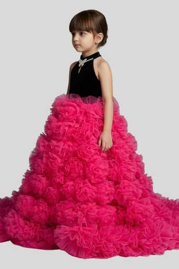 Shop_Pinkcow designs pvt ltd_Pink Net, Velvet Pearls, Fabric Flowers, Ruffles, Brooches Colorblock Gown _Online_at_Aza_Fashions