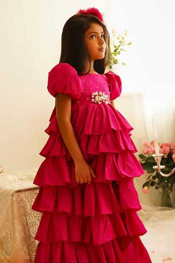 Pinkcow designs pvt ltd_Pink Taffeta Sequins, Stones Tiered Ruffle Gown _at_Aza_Fashions