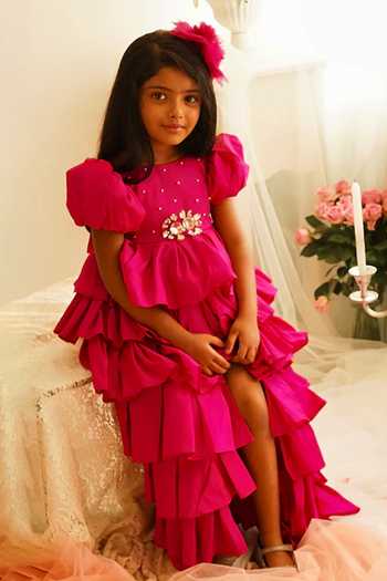 Buy_Pinkcow designs pvt ltd_Pink Taffeta Sequins, Stones Tiered Ruffle Gown 