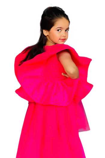 Shop_Pinkcow designs pvt ltd_Pink Silk, Canvas, Net Layered Ruffle Pleated Gown _at_Aza_Fashions