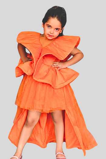 Buy_Pinkcow designs pvt ltd_Orange Silk, Net, Canvas Ruffles Flared Gown _at_Aza_Fashions