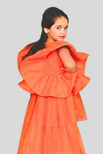 Shop_Pinkcow designs pvt ltd_Orange Silk, Net, Canvas Ruffles Flared Gown _at_Aza_Fashions