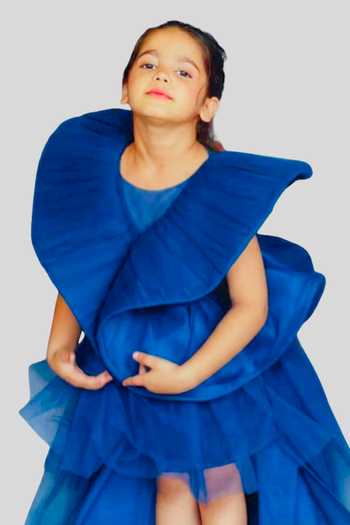 Pinkcow designs pvt ltd_Blue Silk, Net, Canvas Ruffles Layered Gown _at_Aza_Fashions