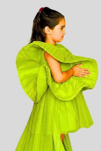 Shop_Pinkcow designs pvt ltd_Green Silk, Net, Canvas Ruffles Pleated Frill Gown _Online_at_Aza_Fashions