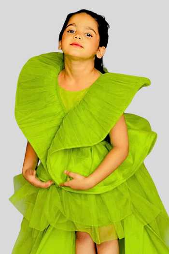 Buy_Pinkcow designs pvt ltd_Green Silk, Net, Canvas Ruffles Pleated Frill Gown 