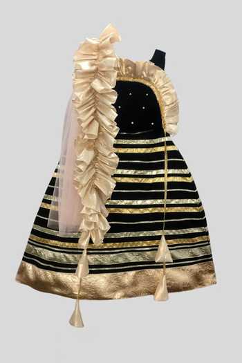 Pinkcow designs pvt ltd_Black Silk, Cotton, Velvet, Lace Gota Patti Work Lehenga Set _at_Aza_Fashions