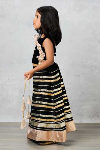 Buy_Pinkcow designs pvt ltd_Black Silk, Cotton, Velvet, Lace Gota Patti Work Lehenga Set 