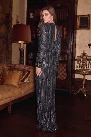 Shop_Nikita Mhaisalkar_Black Georgette, Lurex Plunge Neck Noir Stud Dress _at_Aza_Fashions