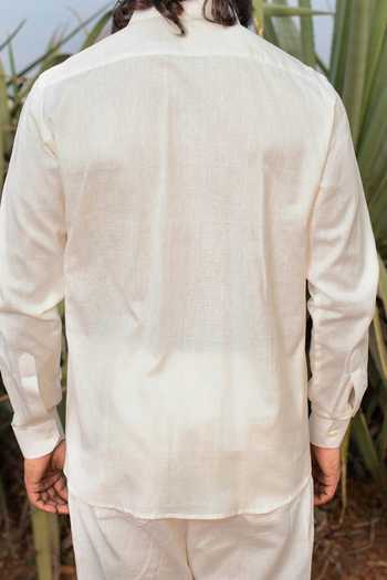 Shop_Runit Gupta_White Cotton, Linen Cut Work Placed Giraffe Embroidered Shirt _at_Aza_Fashions