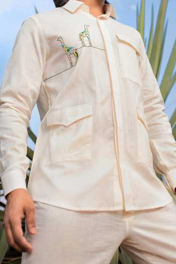 Runit Gupta_White Cotton, Linen Cut Work Placed Giraffe Embroidered Shirt _Online_at_Aza_Fashions
