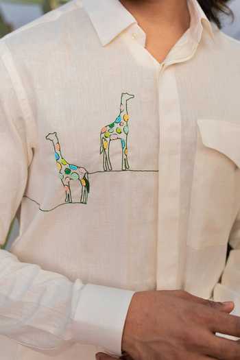 Buy_Runit Gupta_White Cotton, Linen Cut Work Placed Giraffe Embroidered Shirt _Online_at_Aza_Fashions