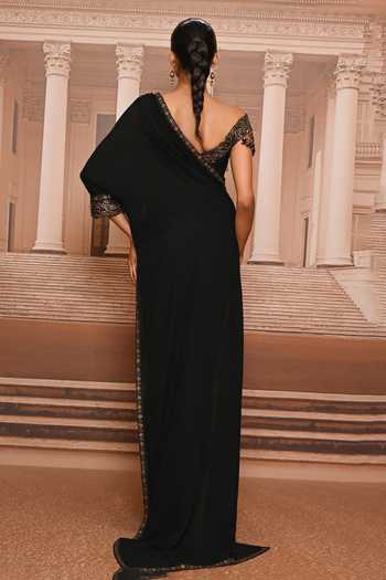 Shop_Tarun Tahiliani_Black Georgette Sweetheart Neck Frill Embroidered Draped Concept Saree Set _at_Aza_Fashions