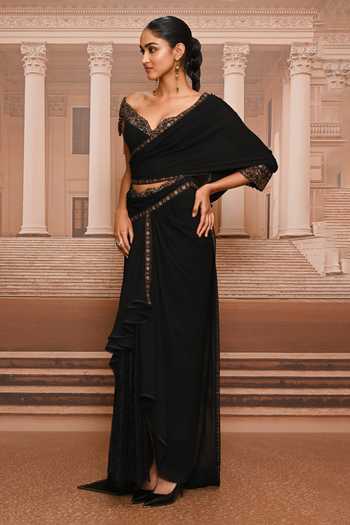 Tarun Tahiliani_Black Georgette Sweetheart Neck Frill Embroidered Draped Concept Saree Set _at_Aza_Fashions