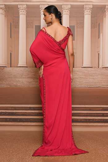 Shop_Tarun Tahiliani_Red Georgette Sweetheart Neck, Frill Embroidered Draped Concept Saree Set _at_Aza_Fashions