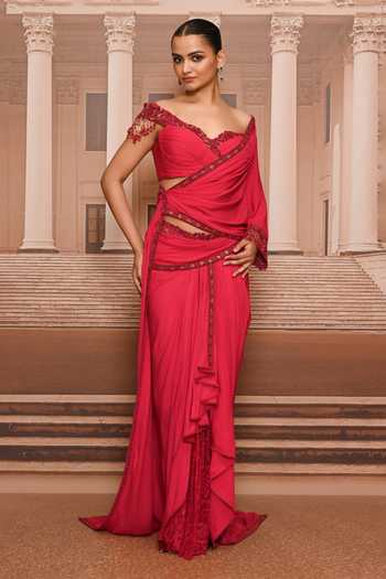 Shop_Tarun Tahiliani_Red Georgette Sweetheart Neck, Frill Embroidered Draped Concept Saree Set _Online_at_Aza_Fashions