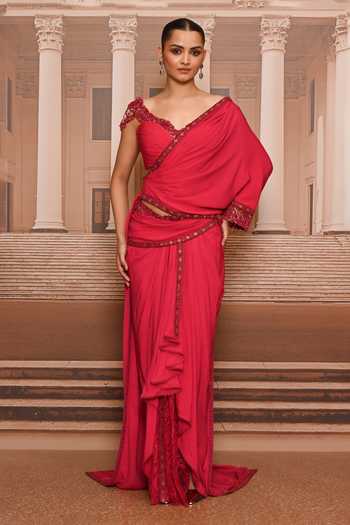 Buy_Tarun Tahiliani_Red Georgette Sweetheart Neck, Frill Embroidered Draped Concept Saree Set _at_Aza_Fashions