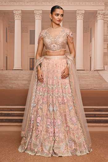 Buy_Tarun Tahiliani_Pink Tulle High Neck Hand Embroidered Floral Lehenga Set _at_Aza_Fashions