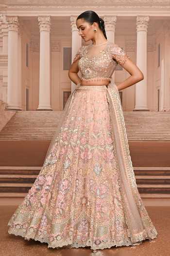 Shop_Tarun Tahiliani_Pink Tulle High Neck Hand Embroidered Floral Lehenga Set _Online_at_Aza_Fashions