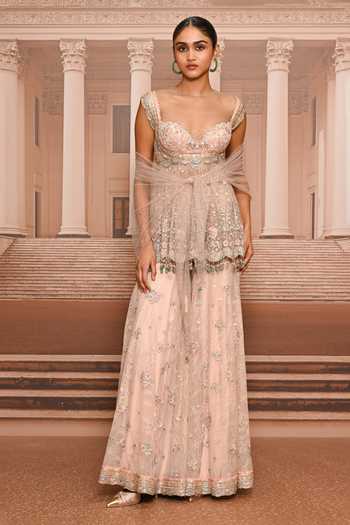 Buy_Tarun Tahiliani_Pink Tulle Sweetheart Neck Floral Embroidered Peplum Kurta Sharara Set _at_Aza_Fashions