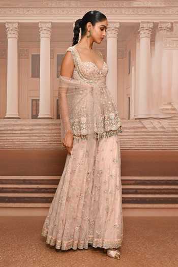 Buy_Tarun Tahiliani_Pink Tulle Sweetheart Neck Floral Embroidered Peplum Kurta Sharara Set _Online_at_Aza_Fashions