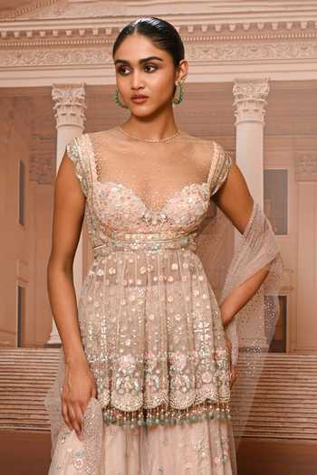 Shop_Tarun Tahiliani_Pink Tulle Sweetheart Neck Floral Embroidered Peplum Kurta Sharara Set _Online_at_Aza_Fashions