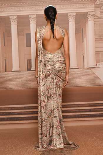 Shop_Tarun Tahiliani_Gold Jersey Stones, Foil Printing Plunge Neck Printed Concept Draped Saree Gown _at_Aza_Fashions