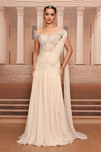 Buy_Tarun Tahiliani_Ivory Chiffon, Lace Embroidery, Pre-draped Concept Saree With Embellished Corset _at_Aza_Fashions