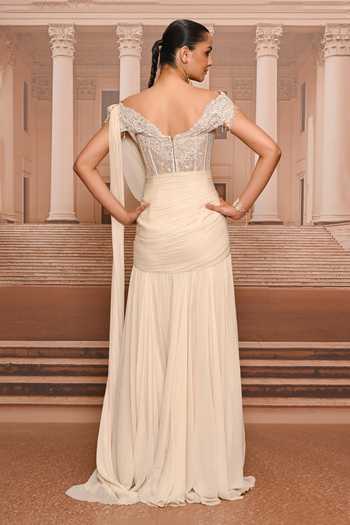 Shop_Tarun Tahiliani_Ivory Chiffon, Lace Embroidery, Pre-draped Concept Saree With Embellished Corset _at_Aza_Fashions
