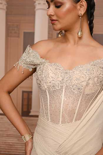 Buy_Tarun Tahiliani_Ivory Chiffon, Lace Embroidery, Pre-draped Concept Saree With Embellished Corset _Online_at_Aza_Fashions