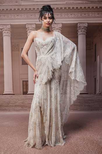 Buy_Tarun Tahiliani_Ivory Sequins, Crystals, Concept Pre-draped Saree And Corset Set _at_Aza_Fashions