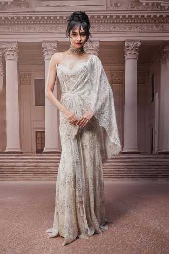 Buy_Tarun Tahiliani_Ivory Sequins, Crystals, Concept Pre-draped Saree And Corset Set _Online_at_Aza_Fashions