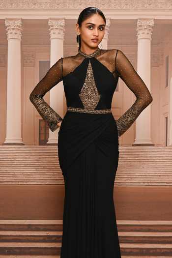 Tarun Tahiliani_Black Georgette, Tulle Keyhole Neck, Embroidered Bodice Sculpted Draped Dress _Online_at_Aza_Fashions